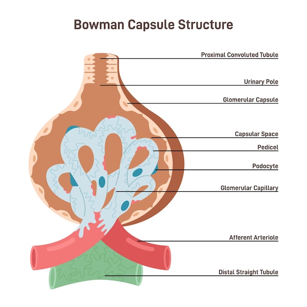 Vector bowman's capsulestructuur nierbloedlichaampje dat bloed uit urine filtert