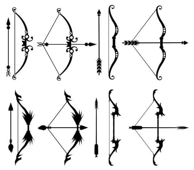 Vector bows and arrows silhouettes