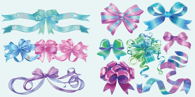 Vector bows and curly ribbons festive elements for wrapping gift box birthday present or invitation card design green blue pink and purple stripes