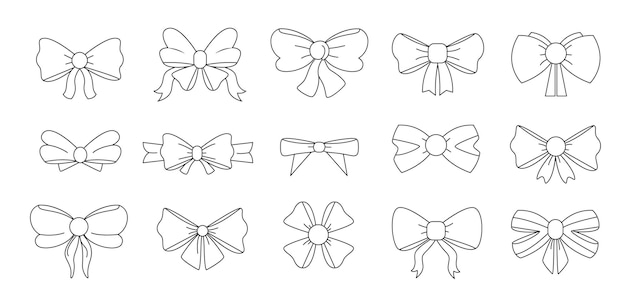 Вектор Символы линии луков doodle подарочные бантики с лентами различной формы декоративные элементы для подарочной упаковки или аксессуаров для волос векторный набор