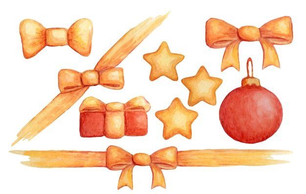 Vector bows, stars, christmas tree toy. set christmas decor watercolor illustrations.