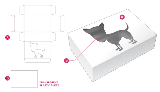 透明なプラスチックシートダイカットテンプレートとボックスと犬の窓