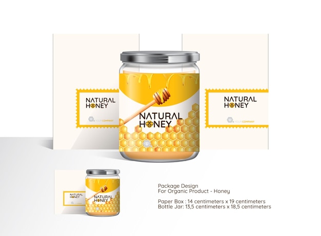 box and bottle jar sticker package design for honey vector resource for product labeling amp package