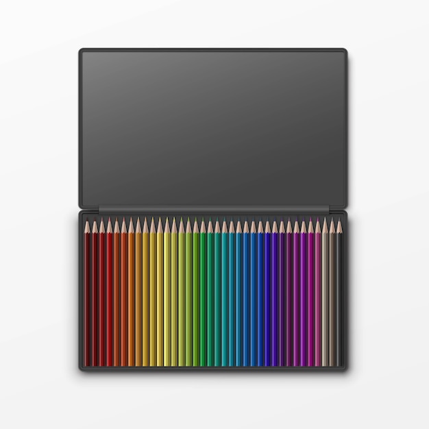 Vector box of colored pencils isolated on background