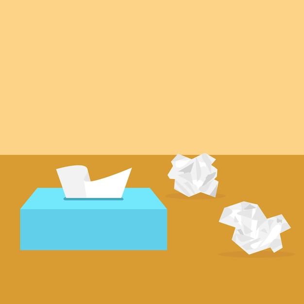 Box of dry napkins with using napkins behind. Seasonal flu and cold. Vector illustration.