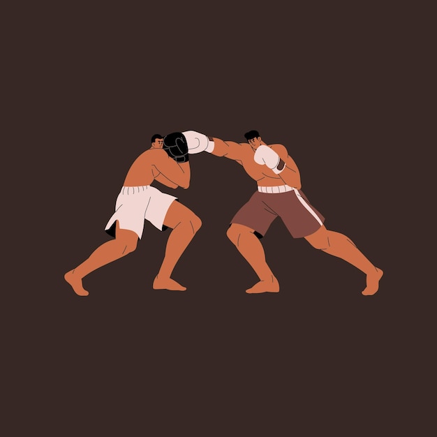 Vector box fight professional boxers in boxing gloves training techniques sparring strong fighter punches sport competitor battle competition of martial art sportsmen flat isolated vector illustration