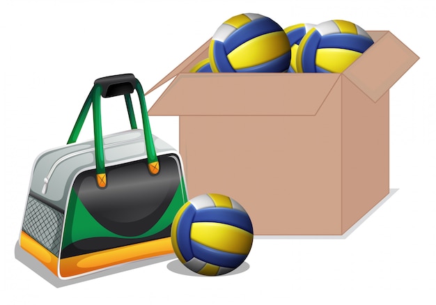 Box full of volleyball balls isolated