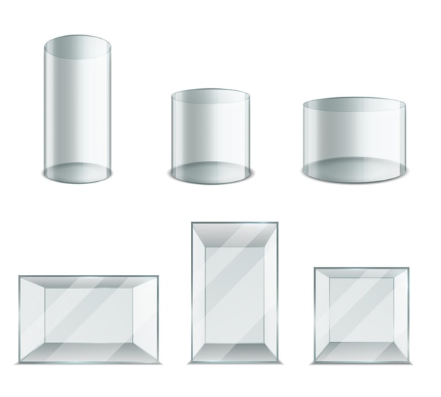 Стеклянная коробка реалистичный пластиковый прозрачный куб и цилиндр 3d пустая выставочная витрина круглый или квадратный макет аквариума изолированные геометрические фигуры с отражением света набор векторных прозрачных контейнеров