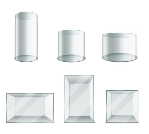 Box glass Realistic plastic transparent cube and cylinder 3D blank exhibition showcase Round or square aquarium mockup Isolated geometric shapes with light reflection Vector clear containers set