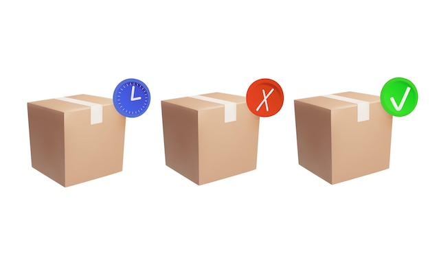 Box icon for postage deliveries 3 types pending canceled and delivered Isolated vector in 3d style