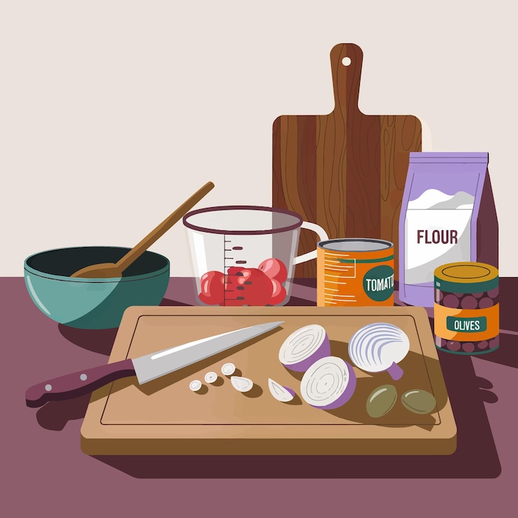 Vector a box of ingredients sits on a table with a knife and a jar of butter