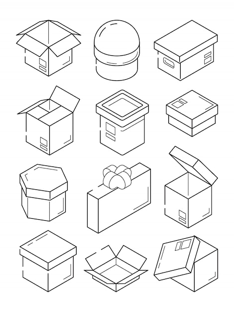 Vector box isometric icon. cardboard export package container small present with bow  outline symbols