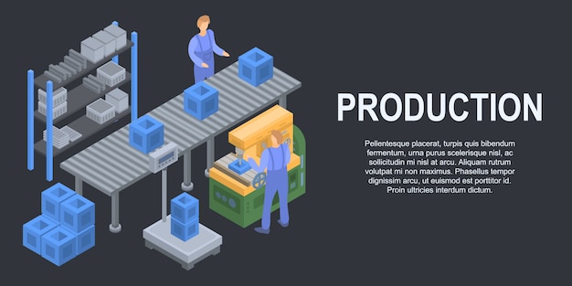 Vector box line production concept banner, isometric style