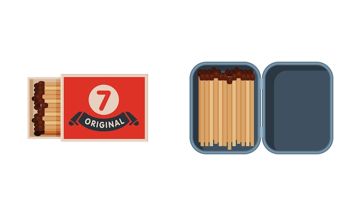 Vector box of matches as small wooden stick with coated end for starting fire vector set