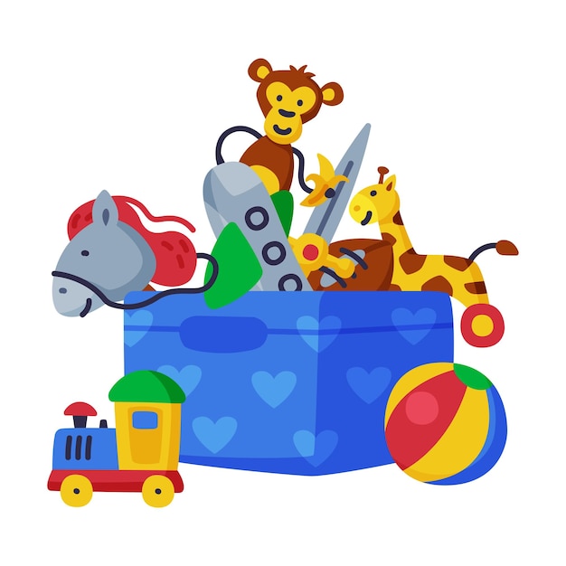 Vector box of baby toys stick horse giraffe monkey train leuke voorwerpen voor kinderen ontwikkeling en entertainment cartoon vector illustratie op witte achtergrond