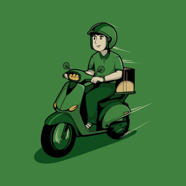 Vettore illustrazione del fattorino di consegna del pacchetto della scatola che guida le motociclette