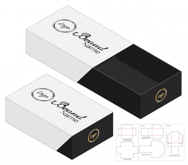 Design del modello fustellato di imballaggio della scatola. mock-up 3d