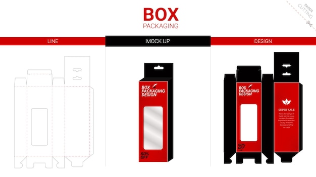 Vettore confezione in scatola e modello fustellato mockup