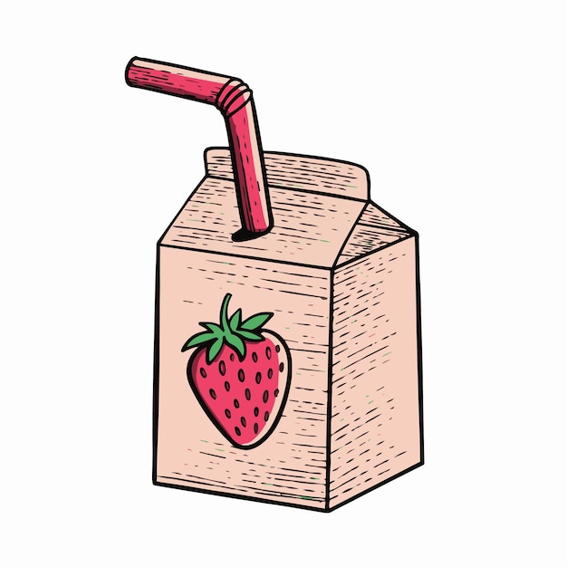 A box of strawberry juice with a straw.