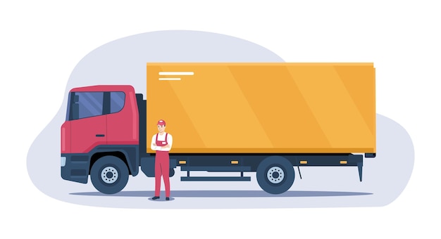 Box vrachtwagen met bezorger naast het vector illustratie