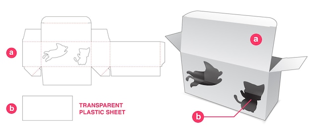 2匹の猫の窓と透明なプラスチックシートダイカットテンプレートのボックス