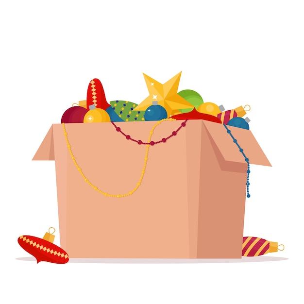 Box with Christmas decorations balls, illustration in flat style.