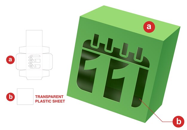 Scatola con modello fustellato della finestra della data e mockup 3d