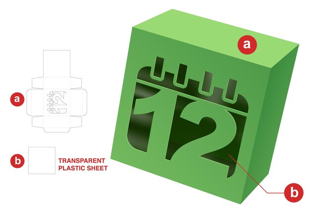 box with date window die cut template and 3D mockup