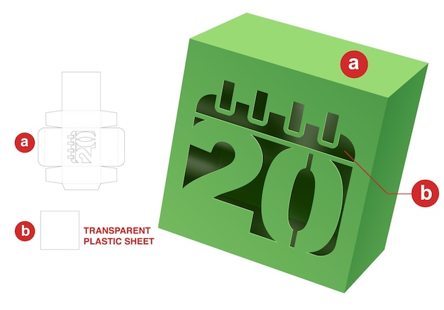 box with date window die cut template and 3D mockup