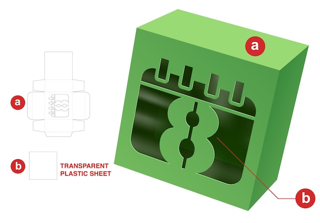 box with date window die cut template and 3D mockup