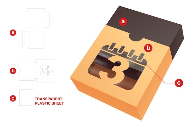 Vettore scatola con modello fustellato della finestra della data e mockup 3d