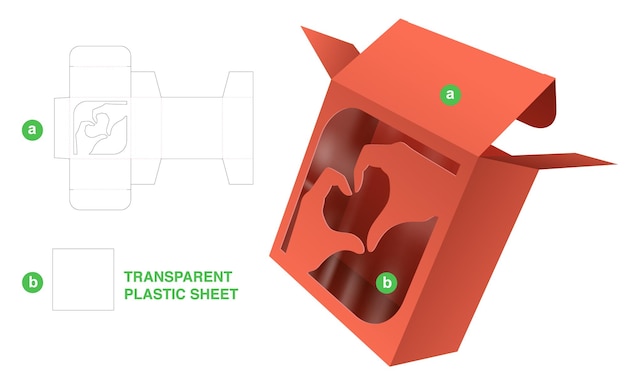 box with hand heart window die cut template and 3D mockup