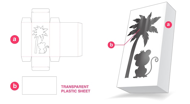 Box with monkey and palm window and transparent plastic sheet die cut template