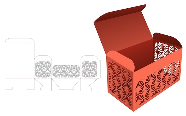 Box with stenciled Japanese pattern on 3 walls die cut template and 3D mockup