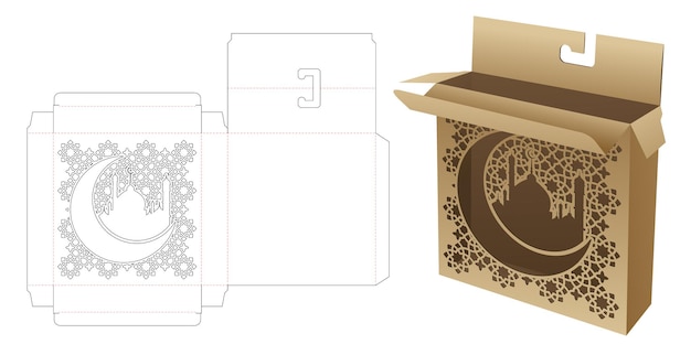 Scatola con ramadan stampato e modello fustellato con foro per appendere e mockup 3d