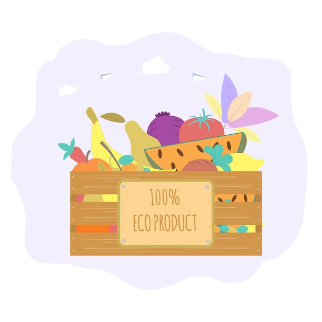 Box with vegetables and fruits Fruits of fields gardens harvesting environmentally friendly products Colorful vector illustration