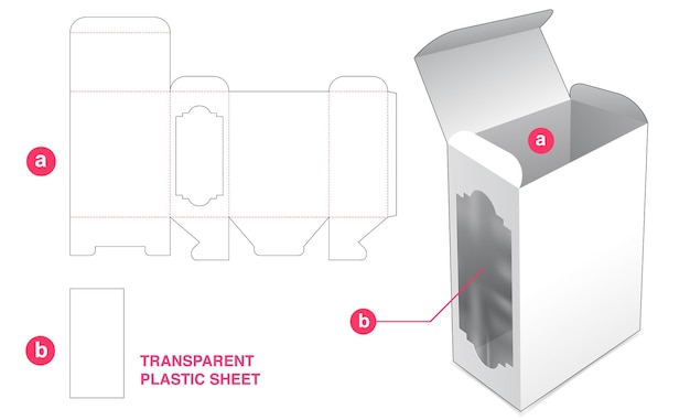 Scatola con finestra sulla parete laterale e dima fustellata in foglio di plastica trasparente