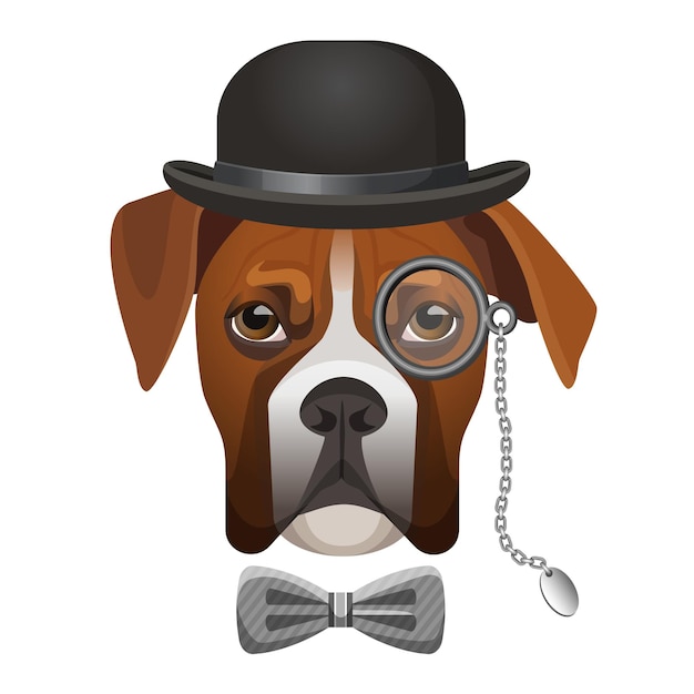 Vector boxer dog in bowler hat, bow and magnifier glass on eye portrait vector illustration isolated on white. cartoon character dog-sniffer sleuthhound