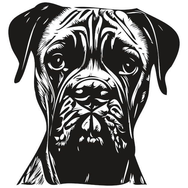 Собака-боксер, нарисованная вручную логотипом, векторный рисунок черно-белой иллюстрации домашних животных
