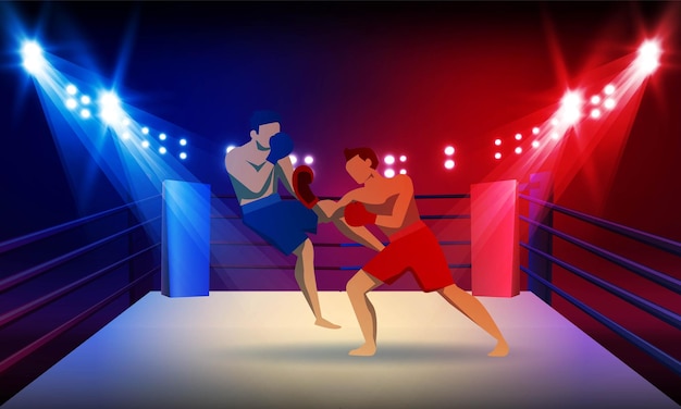 boxer knocking out at boxing ring arena and spotlight vector design