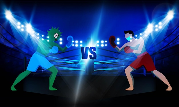 Человек-боксер против человека-короны на арене боксерского ринга и векторный дизайн прожекторов deadly
