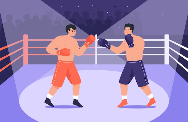 Boxers fighting in boxing ring flat vector illustration