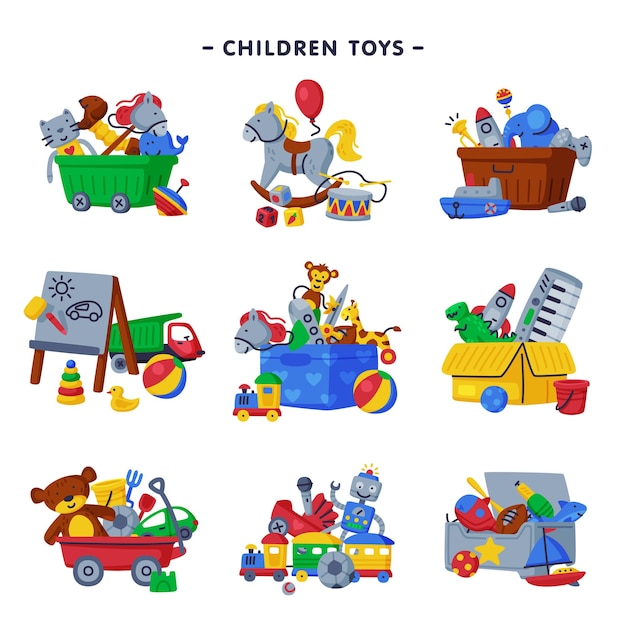 Vector boxes of children toys set various objects for kids game development and entertainment cartoon vector illustration