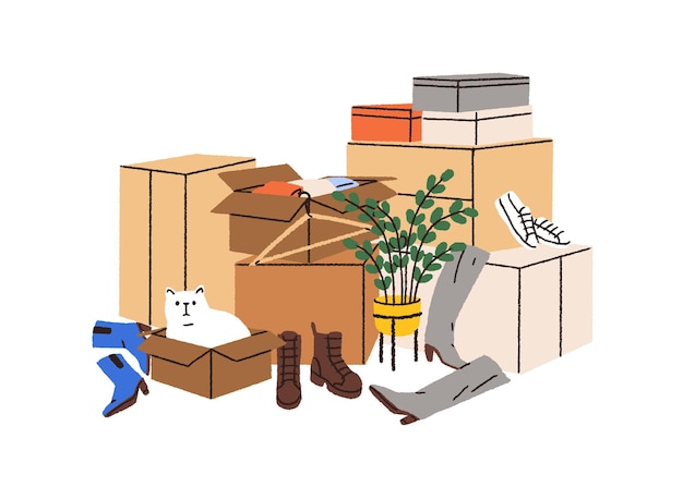 Vector boxes heap, packages pile with stuff, shoes. cardboards stack with footwear, props, belongings and cute cat. items, clothes packed for moving. flat vector illustration isolated on white background.