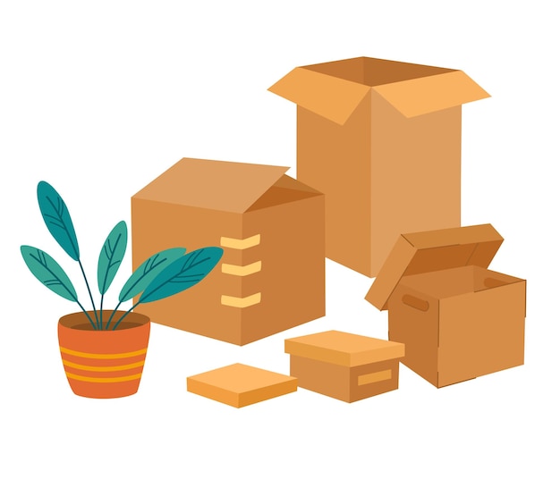 벡터 상자 세트 다양한 것들과 식물이 있는 판지 상자 이동 및 재배치 개념 handdrawn 색상 벡터 격리된 삽화 만화 스타일의 세련된 디자인
