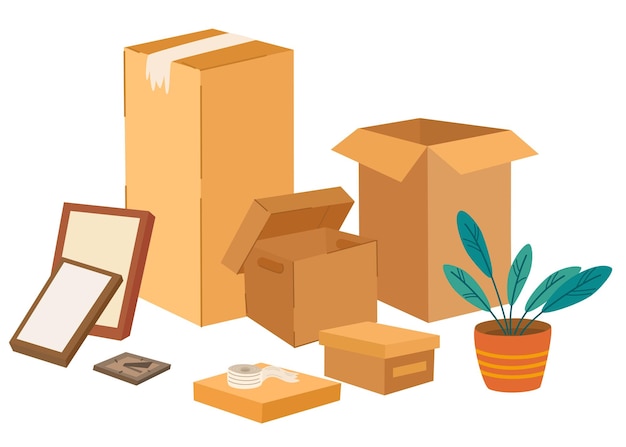 Vector boxes set cardboard boxes with various things and plant moving and relocation concept handdrawn color vector isolated illustrations cartoon style fashionable design