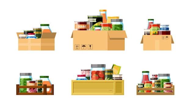 Vector boxes with canned food set. packaged rations with necessary products for long term storage cans farmers mushroom and tomato preparations and packaging with fish and pork. vector cartoon