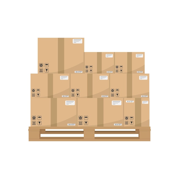 나무가 우거진 팔레트에 있는 상자 나무 팔레트에 깨지기 쉬운 표지판이 있는 갈색 닫힌 상자 배달 포장 상자