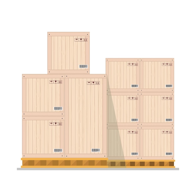 Boxes on wooded pallet warehouse parcel wooden boxes stack front view