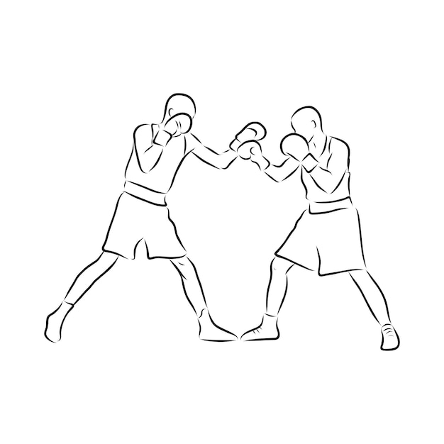 Boxing champ standing and ready to fight . Man boxer. Fighter silhouette hand drawn vector sketch